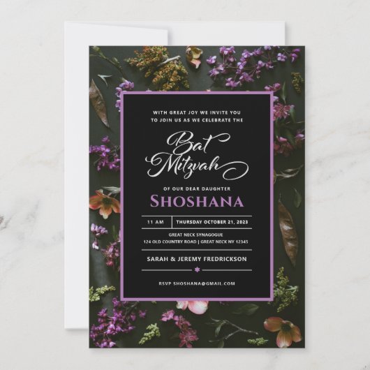 Bat Mitzvah Elegant Modern Floral Script Kaart (Voorkant)