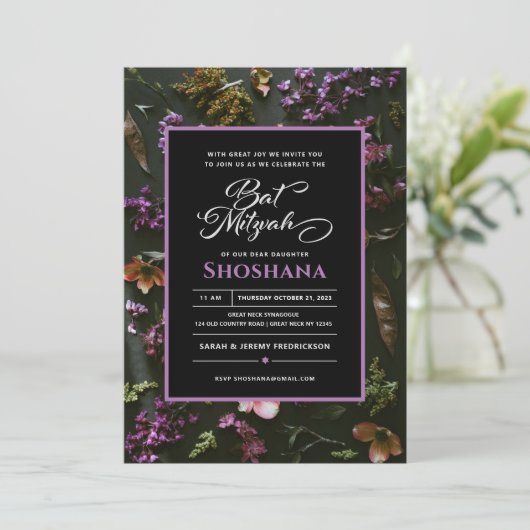 Bat Mitzvah Elegant Modern Floral Script Kaart (Staand voorkant)