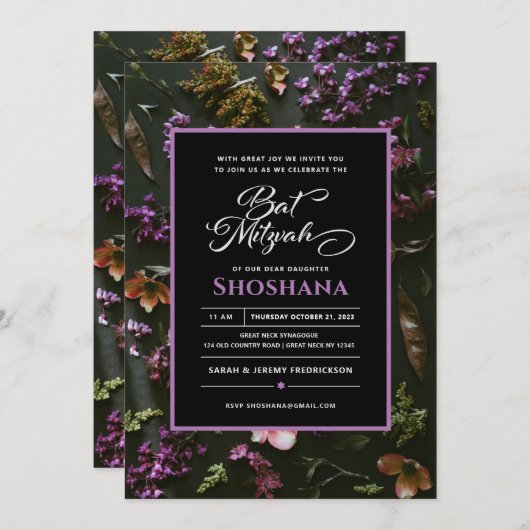 Bat Mitzvah Elegant Modern Floral Script Kaart (Voorkant / Achterkant)