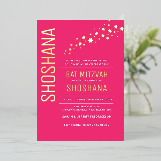 Bat Mitzvah Elegant Modern REAL GOLD Foil Invitati Folie Uitnodiging (Staand Voorkant)