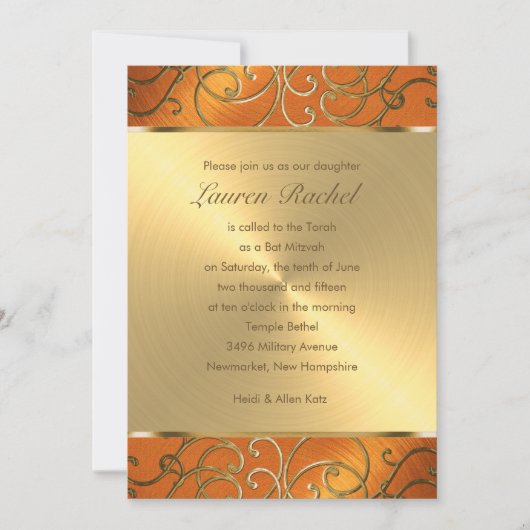 Bat Mitzvah Elegant Oranje en Gold Filigree Kaart (Voorkant)