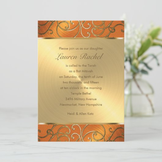 Bat Mitzvah Elegant Oranje en Gold Filigree Kaart (Staand voorkant)