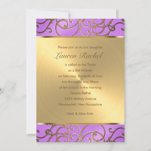 Bat Mitzvah Elegant Orchid Paars Gold Filigree Kaart (Voorkant)