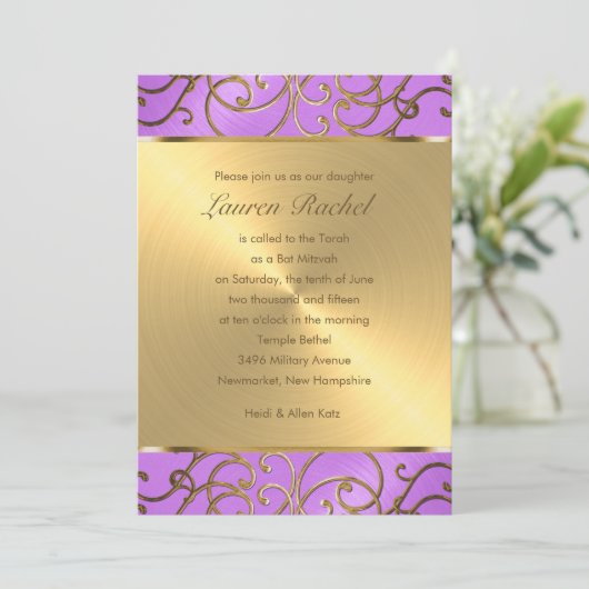 Bat Mitzvah Elegant Orchid Paars Gold Filigree Kaart (Staand voorkant)