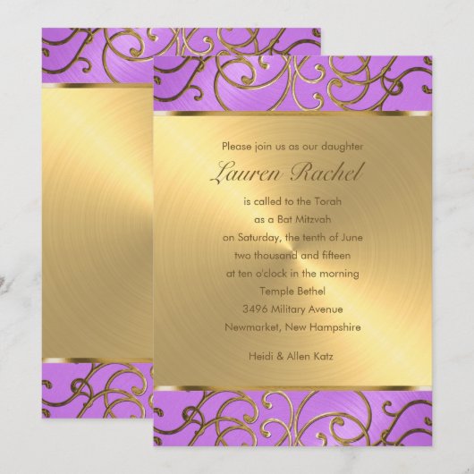 Bat Mitzvah Elegant Orchid Paars Gold Filigree Kaart (Voorkant / Achterkant)