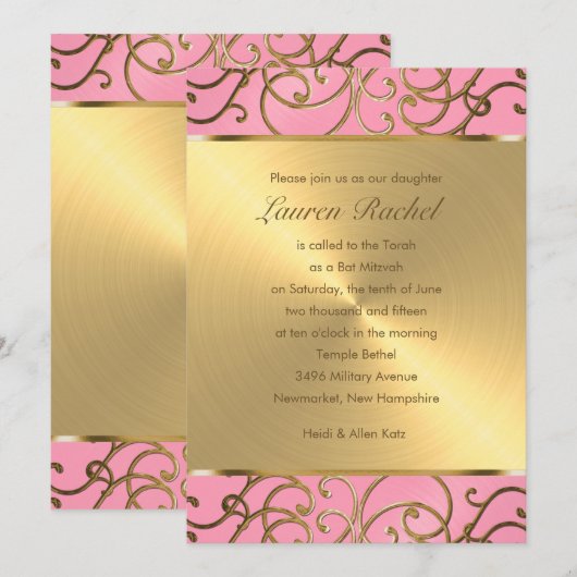 Bat Mitzvah Elegant Pink en Gold Filigree Kaart (Voorkant / Achterkant)