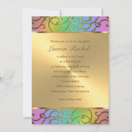 Bat Mitzvah Elegant Rainbow en Gold Filigree Kaart (Voorkant)