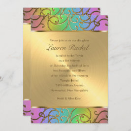 Bat Mitzvah Elegant Rainbow en Gold Filigree Kaart