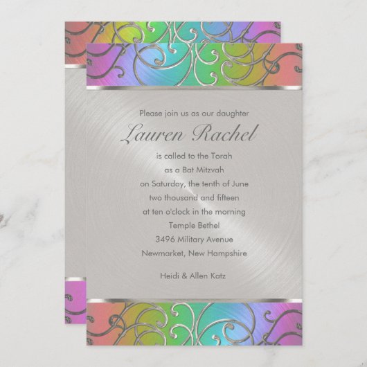 Bat Mitzvah Elegant Rainbow en Silver Filigree Kaart (Voorkant / Achterkant)
