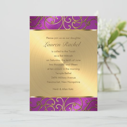 Bat Mitzvah Elegant Raspberry Pink Gold Filigree Kaart (Staand voorkant)