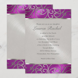 Bat Mitzvah Elegant Raspberry Pink Silver Filigree Kaart