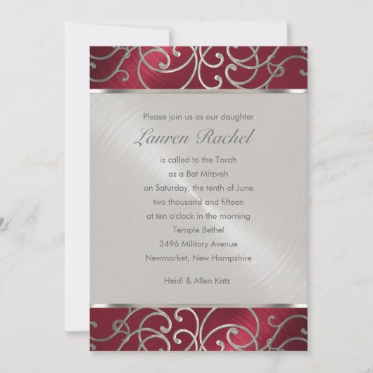 Bat Mitzvah Elegant Red en Silver Filigree Kaart (Voorkant)