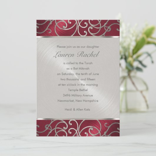 Bat Mitzvah Elegant Red en Silver Filigree Kaart (Staand voorkant)