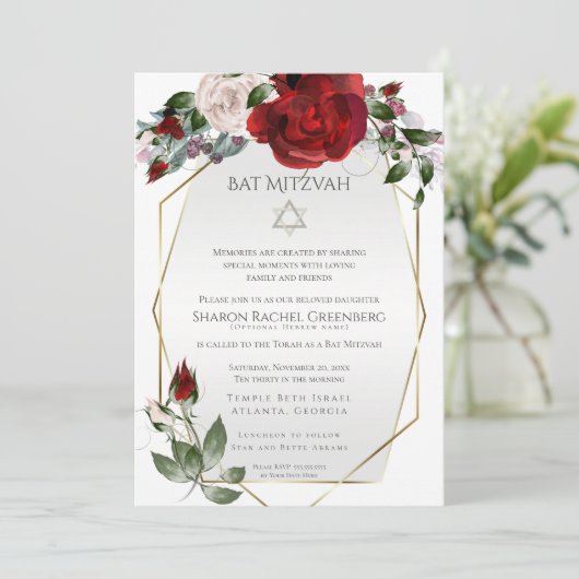 Bat Mitzvah | Elegant Scarlet Red en Blush Rozen Aankondiging (Staand voorkant)