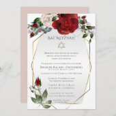 Bat Mitzvah | Elegant Scarlet Red en Blush Rozen Aankondiging (Voorkant / Achterkant)
