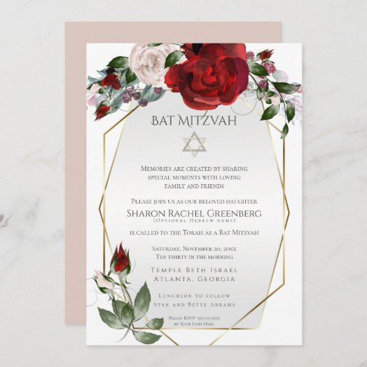 Bat Mitzvah | Elegant Scarlet Red en Blush Rozen Aankondiging (Voorkant / Achterkant)