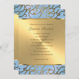 Bat Mitzvah Elegant Sky Blue en Gold Filigree Kaart