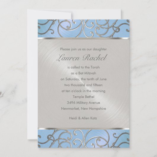 Bat Mitzvah Elegant Sky Blue en Silver Filigree Kaart (Voorkant)