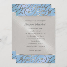 Bat Mitzvah Elegant Sky Blue en Silver Filigree Kaart