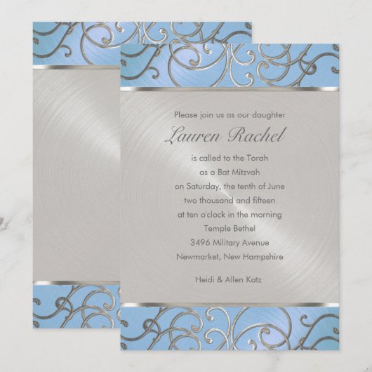 Bat Mitzvah Elegant Sky Blue en Silver Filigree Kaart (Voorkant / Achterkant)