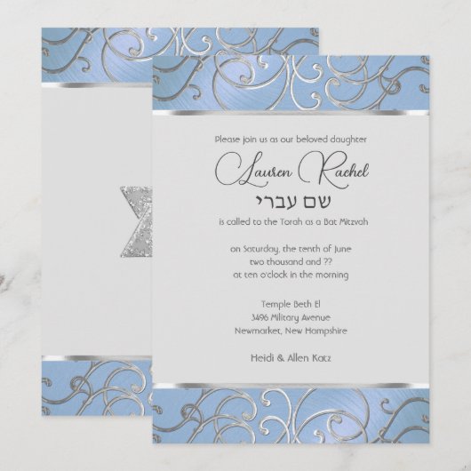 Bat Mitzvah Elegant Sky Blue en Silver Filigree Kaart (Voorkant / Achterkant)