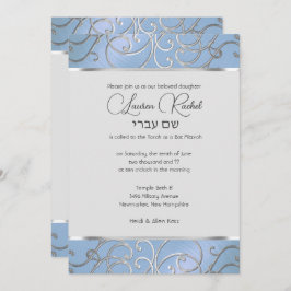 Bat Mitzvah Elegant Sky Blue en Silver Filigree Kaart