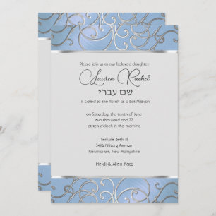 Bat Mitzvah Elegant Sky Blue en Silver Filigree Kaart