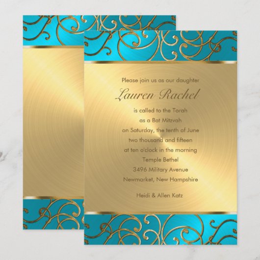 Bat Mitzvah Elegant Turquoise Blue Gold Filigree Kaart (Voorkant / Achterkant)