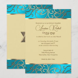 Bat Mitzvah Elegant Turquoise Blue Gold Filigree Kaart