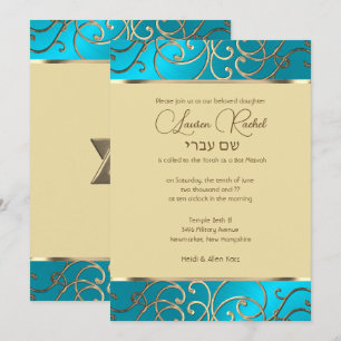 Bat Mitzvah Elegant Turquoise Blue Gold Filigree Kaart