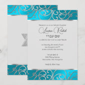 Bat Mitzvah Elegant Turquoise Blue Silver Filigree Kaart (Voorkant / Achterkant)