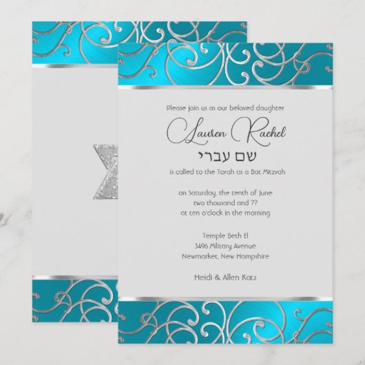 Bat Mitzvah Elegant Turquoise Blue Silver Filigree Kaart (Voorkant / Achterkant)