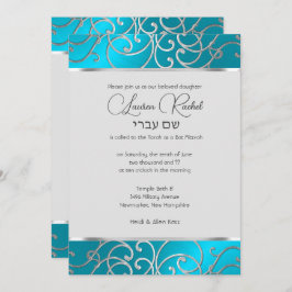 Bat Mitzvah Elegant Turquoise Blue Silver Filigree Kaart
