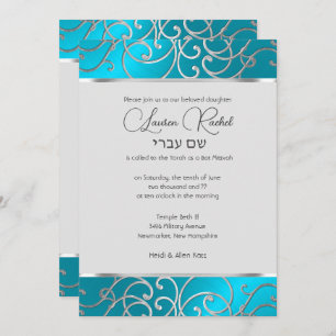 Bat Mitzvah Elegant Turquoise Blue Silver Filigree Kaart