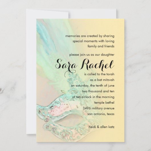 Bat Mitzvah Elegant Yellow en Aqua Masquerade Kaart (Voorkant)
