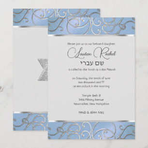Bat Mitzvah Elegante Hemelblauw en Zilveren Filigr Kaart