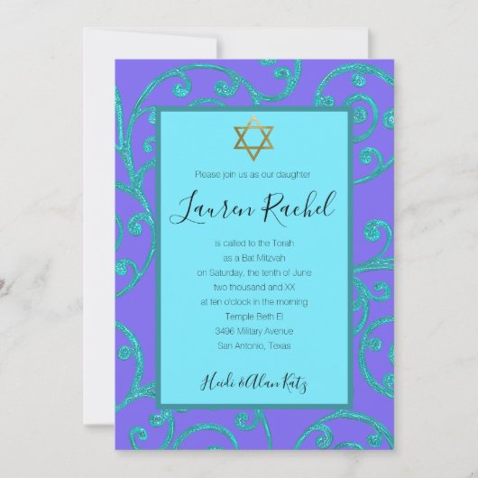 Bat Mitzvah elke kleur Aqua Scroll ontwerp Kaart (Voorkant)