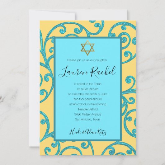 Bat Mitzvah elke kleur Aqua Scroll ontwerp Kaart (Voorkant)