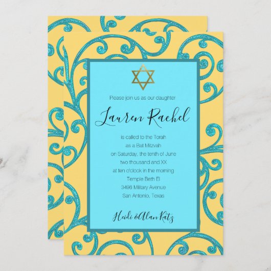 Bat Mitzvah elke kleur Aqua Scroll ontwerp Kaart (Voorkant / Achterkant)