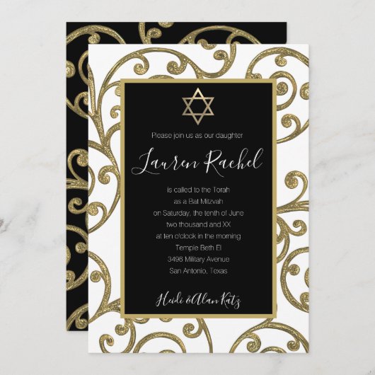 Bat Mitzvah elke kleur goud scroll ontwerp Kaart (Voorkant / Achterkant)