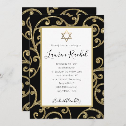 Bat Mitzvah elke kleur goud scroll ontwerp Kaart (Voorkant / Achterkant)