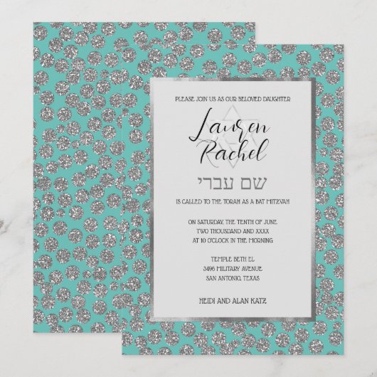 Bat Mitzvah Elke kleur met Silver Glitter Stippen Kaart (Voorkant / Achterkant)