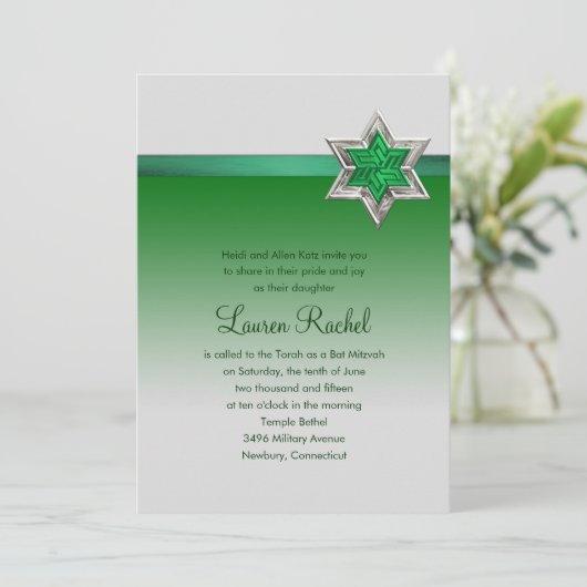Bat Mitzvah Emerald Green Ombre Ribbon en Star Kaart (Staand voorkant)