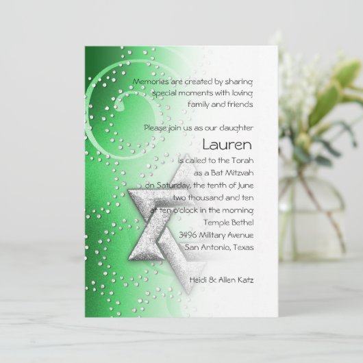 Bat Mitzvah Emerald Shimmer Star van David Kaart (Staand voorkant)