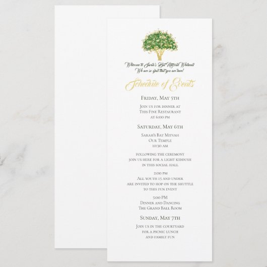 Bat Mitzvah Evinerary - boom van het leven Kaart (Voorkant / Achterkant)