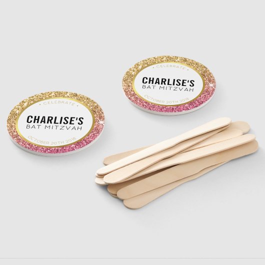 BAT MITZVAH FAN selfie glitzy goud roze glitter Handwaaier (Niet-gemonteerd)