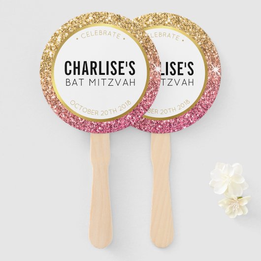 BAT MITZVAH FAN selfie glitzy goud roze glitter Handwaaier (Voorkant en achterkant)