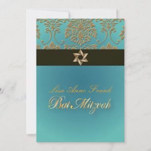 Bat Mitzvah+Faux Gold Damask/black+aqua Kaart
