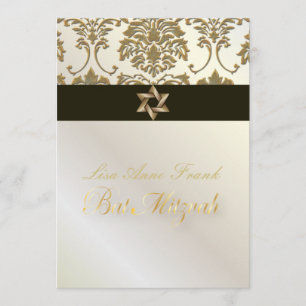 Bat Mitzvah+Faux Gold Damask/black+pearl Kaart