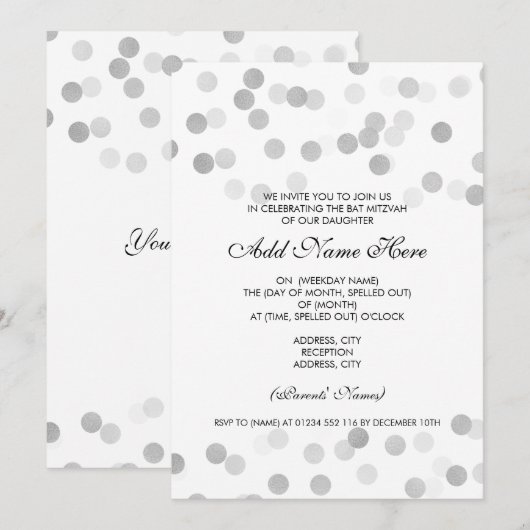 Bat Mitzvah Faux Silver Foil Glitter Lights Kaart (Voorkant / Achterkant)